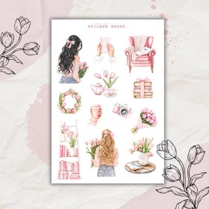 pink tulip spring sticker sheet, spring sticker, planner sticker, cottage sticker sheet, spring, pink spring, girls, planner sticker,