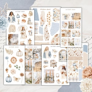 May include: A collection of seven sticker sheets featuring watercolor illustrations of autumn scenes, including people in coats, pumpkins, architectural buildings, books, tea cups, and floral patterns, all labeled with the text Sticker Sheet.