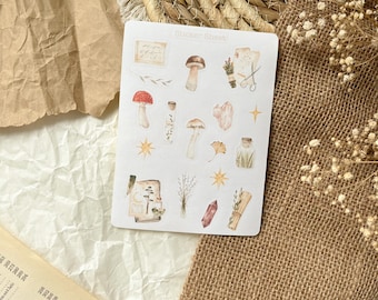 Pode incluir: Uma folha de adesivos com uma variedade de ilustrações inspiradas na natureza, incluindo cogumelos, cristais, ervas e um livro vintage. A folha é etiquetada como "Sticker Sheet".