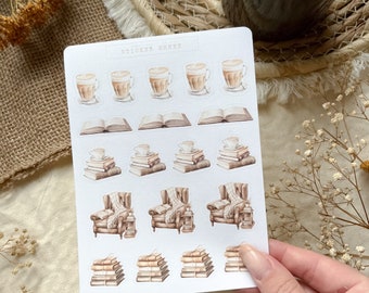 Bookish icons sticker sheet, book stickers, reading journal sticker