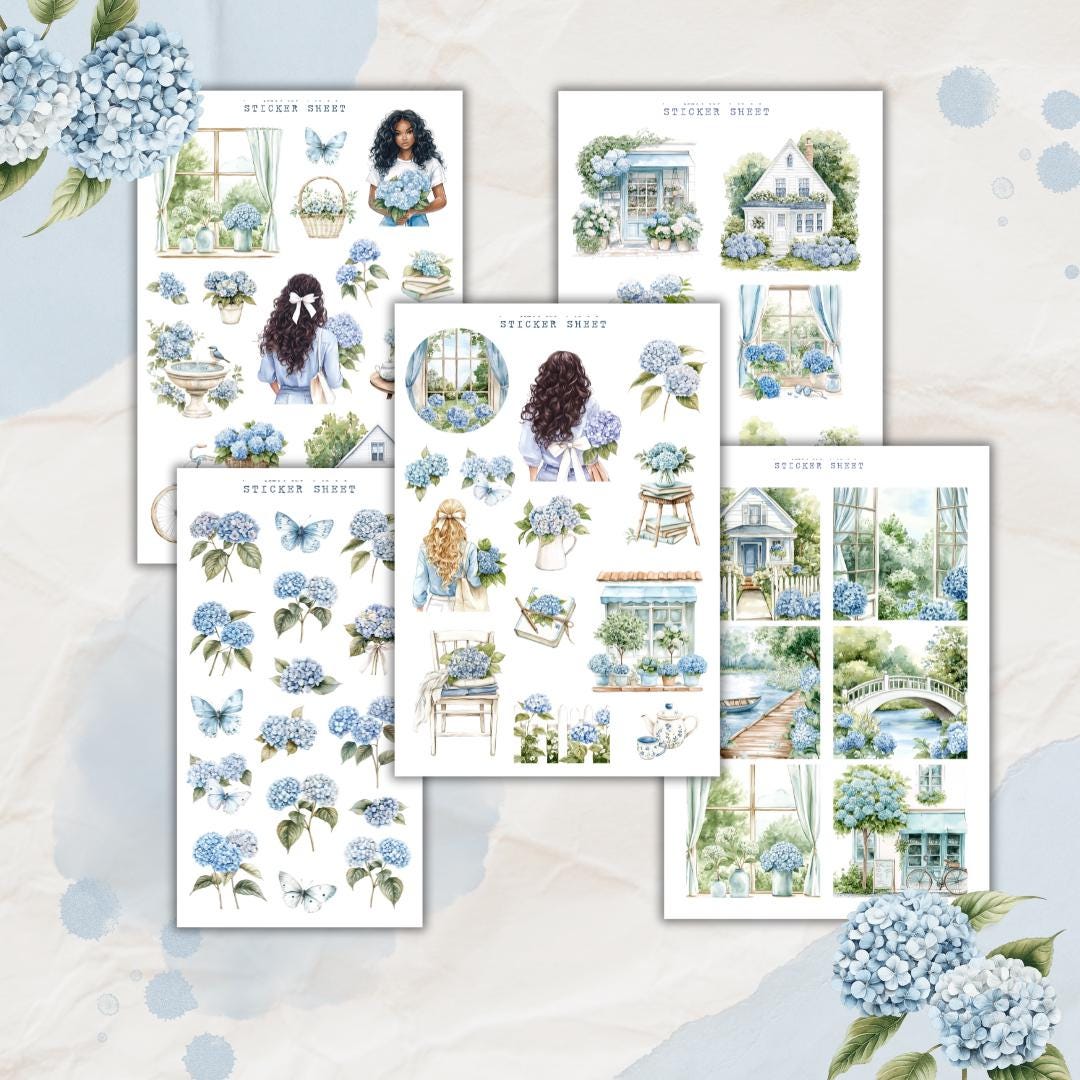 Digital Spring Sticker Sheets Spring Blooming Sticker Sheet Bundle, Blue Sticker, Planner Sticker ...