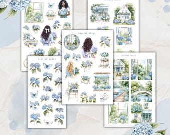 May include: Four sticker sheets featuring watercolor illustrations of hydrangeas, butterflies, houses, windows, and women. The stickers are on a white background and have a blue and white color scheme.