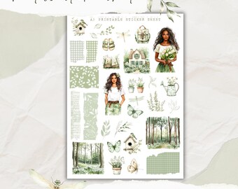 May include: Printable sticker sheet with a green and white color scheme. The sheet includes images of a birdhouse, a backpack, a girl with flowers, a house, a dragonfly, a watering can, a butterfly, a forest, and various green patterns.