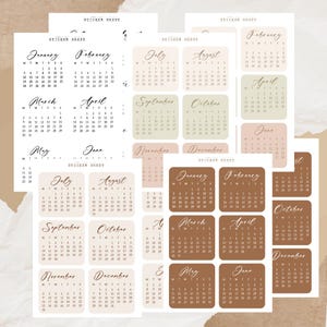 Könnte beinhalten: Kalender-Aufkleberbögen mit Monatskalendern von Januar bis Dezember. Jeder Monat wird in einem rechteckigen oder quadratischen Format mit einer neutralen Farbpalette angezeigt. Der Text "STICKER SHEET" befindet sich oben auf jedem Bogen.