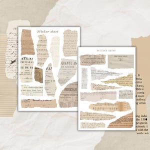 Könnte beinhalten: Zwei Stickerbögen mit Papier-Ephemera im Vintage-Stil. Die Aufkleber zeigen zerrissene Papierstücke mit Text, darunter die Wörter "Sticker sheet", "ATLAS OMINISRAT" und "QUANTE AN DE LIBERTE". Die Farbpalette umfasst Beige, Braun und Creme.
