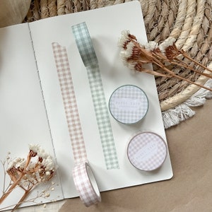 ruban washi à grille vichy rose tendre et vert, ruban de masquage, éléments de planificateur, fournitures bujo, ruban washi planificateur