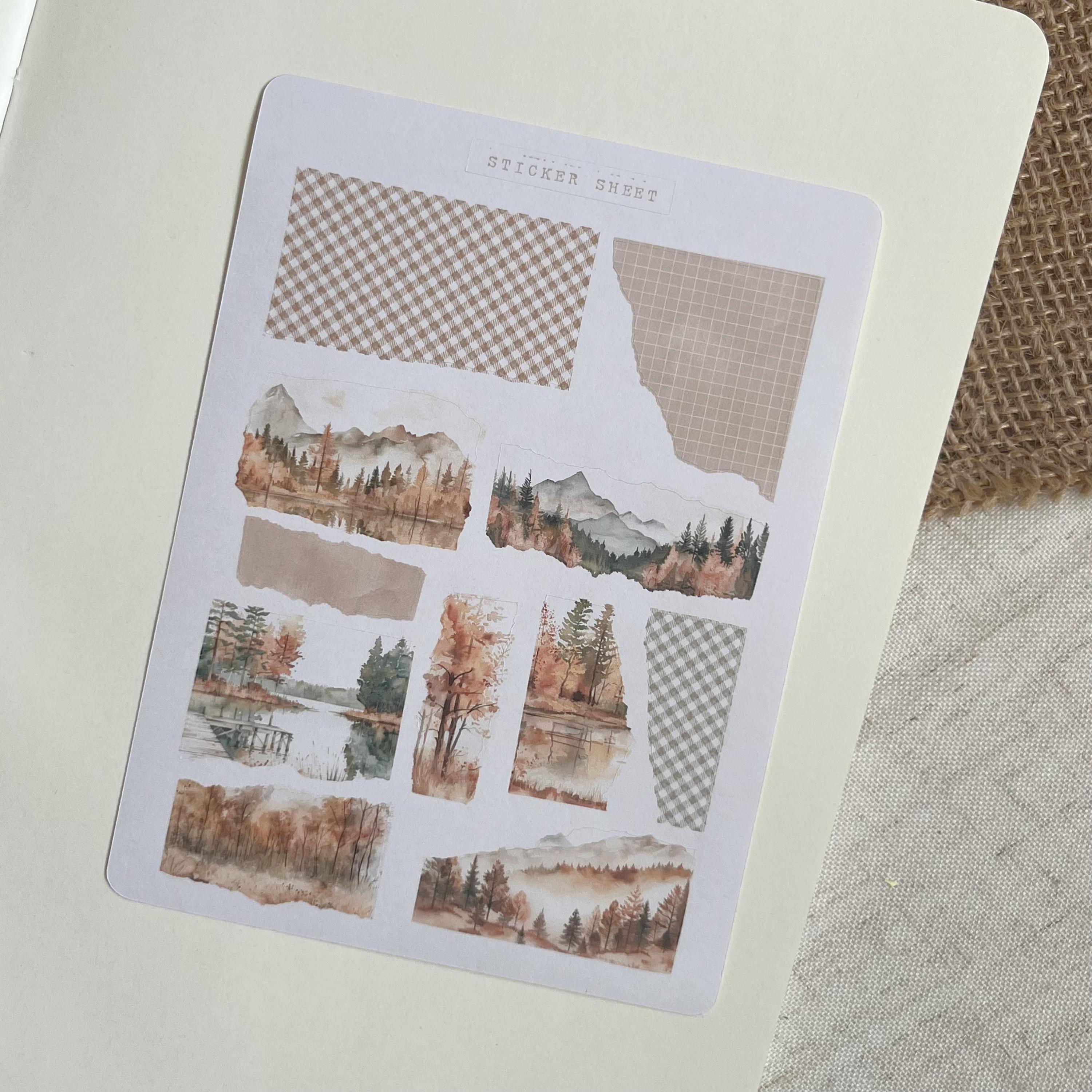 autumn mountains paper scraps sticker sheet for journaling, autumn stationery, fall sticker sheet, flower sticker sheet