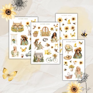 Könnte beinhalten: Vier Stickerbögen mit Aquarellillustrationen von Sonnenblumen, Schmetterlingen und Menschen. Die Aufkleber zeigen Szenen mit Häusern, Fahrrädern und Frauen mit Hüten. Die Farbpalette umfasst Gelb, Grün und Braun.
