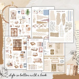 Könnte beinhalten: Eine Sammlung von fünf Aufkleberbögen mit Aquarellillustrationen von Bücherregalen, Büchern, gemütlichen Möbeln, Vintage-Schreibwaren und Blumenmustern. Die Bögen enthalten verschiedene Papierfetzen, Bibliothekskarten und Sticker sheet-Beschriftungen.