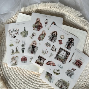 foglio di adesivi di inizio primavera, forniture per diario, adesivo per pianificatore, foglio di adesivi, adesivo cottage, adesivo primaverile, adesivi per ragazze, piovoso, cottage