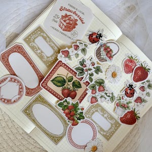 Puede incluir: Una colección de pegatinas y etiquetas con temática de fresas en un cuaderno. Las pegatinas presentan fresas, mariquitas, margaritas y marcos decorativos. Algunas etiquetas tienen el texto "Fresh & Local Strawberries".