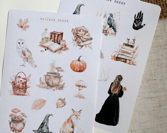 halloween witch sticker sheet for journaling, autumn stationery, fall sticker sheet