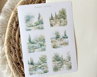 May include: A sheet of six watercolor stickers featuring dreamy garden scenes. Each sticker depicts a different perspective of a garden with trees, flowers, and a bench. The stickers are printed on clear, glossy paper and are perfect for adding a touch of nature to your planner, journal, or scrapbook.