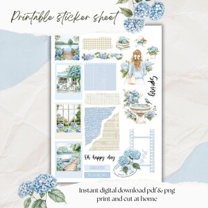 Könnte beinhalten: Druckbare Sticker-Bogen mit blau-weißem Blumenmotiv. Der Bogen enthält Bilder von Hortensien, einem Vogel, einem Fenster, einem See, einem Fahrrad, einem Mädchen und einem Filmstreifen. Der Text "Oh happy day", "Create", "Blooming" und "Spring" ist ebenfalls enthalten.