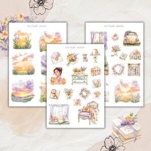 Könnte beinhalten: Drei Stickerbögen mit Lavendel-Motiv. Die Bögen zeigen Illustrationen eines Sonnenuntergangs, einer Frau, eines Koffers, eines Kranzes, eines Fensters, eines Sessels, eines Buches, einer Blumenvase, einer Lampe, einer Kommode und eines Oldtimers. Der Text "STICKER SHEET" erscheint auf jedem Bogen.