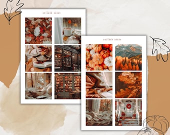 May include: Two sticker sheets with autumn-themed images. One sheet features leaves, a mug, a person reading, and a library. The other sheet shows pumpkins, a mountain landscape, and a cozy interior. The words "STICKER SHEET" are at the top.