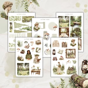 Könnte beinhalten: Ein Set mit fünf Stickerbögen mit Illustrationen eines Waldes, Pilzen, Büchern, einer Laterne, einer Hütte und einer Frau im Wald. Die Sticker sind auf weißem Hintergrund und perfekt, um Ihrem Planer, Journal oder Sammelalbum einen Hauch von Natur zu verleihen.