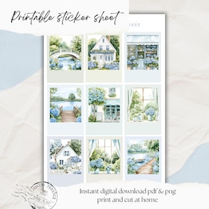Könnte beinhalten: Druckbare Sticker-Bogen mit neun Aquarell-Illustrationen von Häusern, Fenstern und Gärten mit blauen Hortensien. Die Sticker sind perfekt, um Planern, Tagebüchern und anderen Papierarbeiten einen Hauch von Verspieltheit zu verleihen.