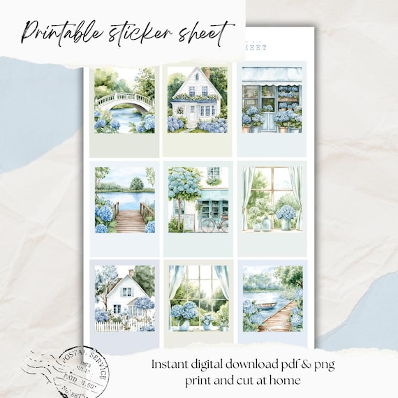 A5 blue spring polaroid sticker printable, printable stickers, planner kit  printable, digital sticker, printable sticker sheet
