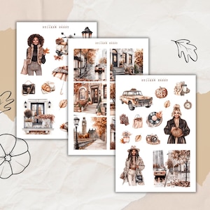 Könnte beinhalten: Drei Stickerbögen mit Aquarellillustrationen zum Thema Herbst. Die Aufkleber zeigen Frauen, Stadtlandschaften, Modeaccessoires und Herbstelemente in Braun-, Beige- und Orangetönen. Auf jedem Bogen steht "STICKER SHEET".