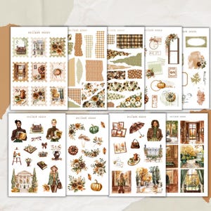 Könnte beinhalten: Eine Sammlung von Stickerbögen mit herbstlichen Illustrationen. Die Bögen zeigen Briefmarken, zerrissenes Papier, Kürbisse, Blumenarrangements und Architekturszenen in Braun-, Beige- und Grüntönen. Die Stickerbögen sind in einem Raster angeordnet.