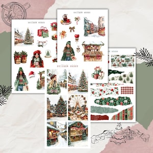 Op de afbeelding: Drie sticker vellen met aquarel illustraties van een kerstmarkt scène. De stickers bevatten afbeeldingen van kerstbomen, cadeaus, mensen en marktkramen. De tekst "STICKER SHEET" is op elke vel afgedrukt.
