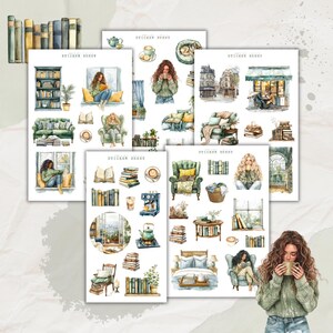 Könnte beinhalten: Fünf Aufkleberbögen mit Aquarell-Illustrationen von gemütlichen Szenen mit Büchern, Kaffee und Menschen beim Lesen. Die Aufkleber enthalten Bilder von Bücherregalen, Sesseln, Fenstern und Kaffeetassen.