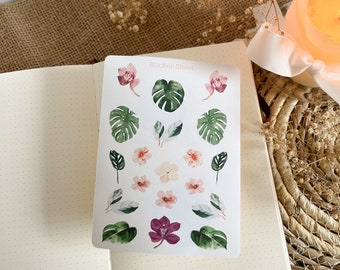 tropical flower sticker sheet | plant stickers, tropical sticker, planner stickers, bujo sticker, summer stickers