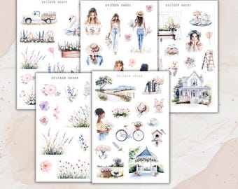 May include: A set of five sticker sheets featuring watercolor illustrations of flowers, a house, a bicycle, a birdhouse, a gazebo, a swan, a truck, a woman with flowers, and a woman with a hat. The sticker sheets are white with a black border and the words "Sticker Sheet" printed on each sheet.