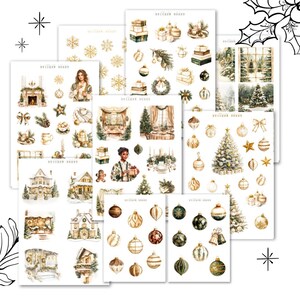 Könnte beinhalten: Acht Stickerbögen mit winterlichem Weihnachtsmotiv. Die Bögen zeigen Illustrationen von Häusern, Ornamenten, Kränzen, einem Kamin, einem Weihnachtsbaum und einer Frau, die ein Geschenk hält. Der Text "Sticker Sheet" erscheint auf jedem Bogen.