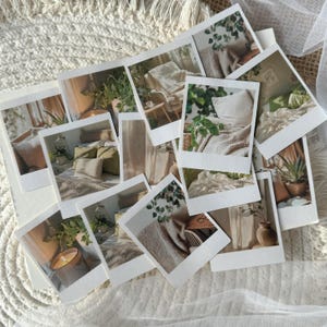 Könnte beinhalten: Eine Sammlung von Sofortbildern mit verschiedenen Einrichtungsgegenständen, darunter Pflanzen, Kissen und Decken. Die Fotos sind in einem zufälligen Muster angeordnet und bilden eine optisch ansprechende Collage.