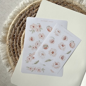 peaches sticker sheet, journaling sticker, peach florals sticker, planner sticker, summer sticker sheet, fruit sticker, flower sticker