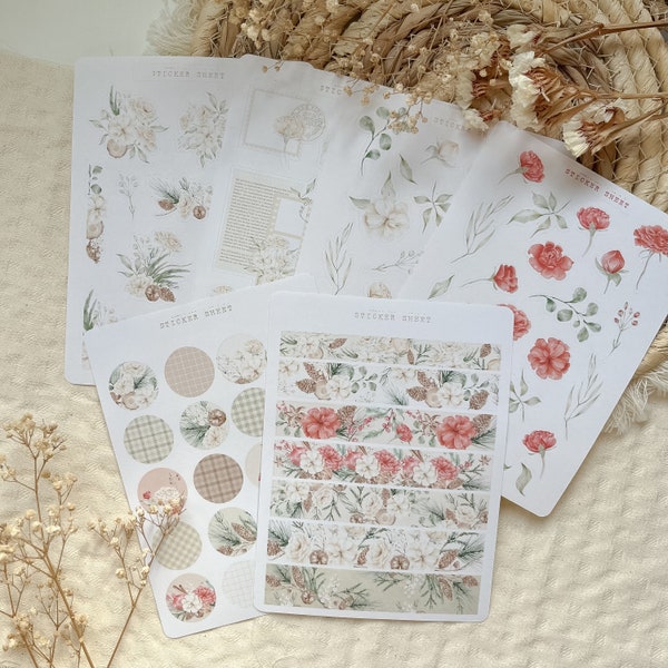 winter florals sticker sheet, washi tape stickers, christmas sticker sheet, winter sticker sheet