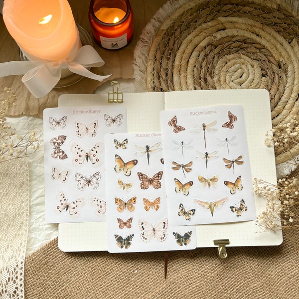 Vintage butterfly and dragonfly sticker sheet for journaling, snail mail stickers