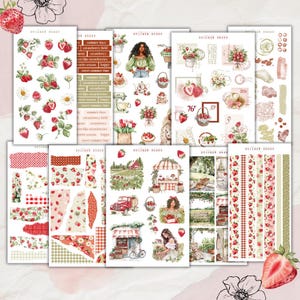 Pacchetto di fogli di adesivi per la stagione delle fragole, adesivi estivi, adesivi per planner, adesivi per fragole, foglio di adesivi carini, fiori, ritagli di carta