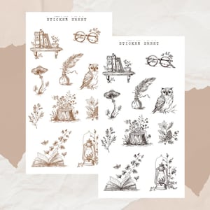 Könnte beinhalten: Zwei Stickerbögen mit Sepia-Illustrationen. Jeder Bogen zeigt Zeichnungen von Büchern, Brillen, einer Eule, einer Feder, einem Pilz, Blumen und einer Laterne. Der Text "STICKER SHEET" steht oben auf jedem Bogen.