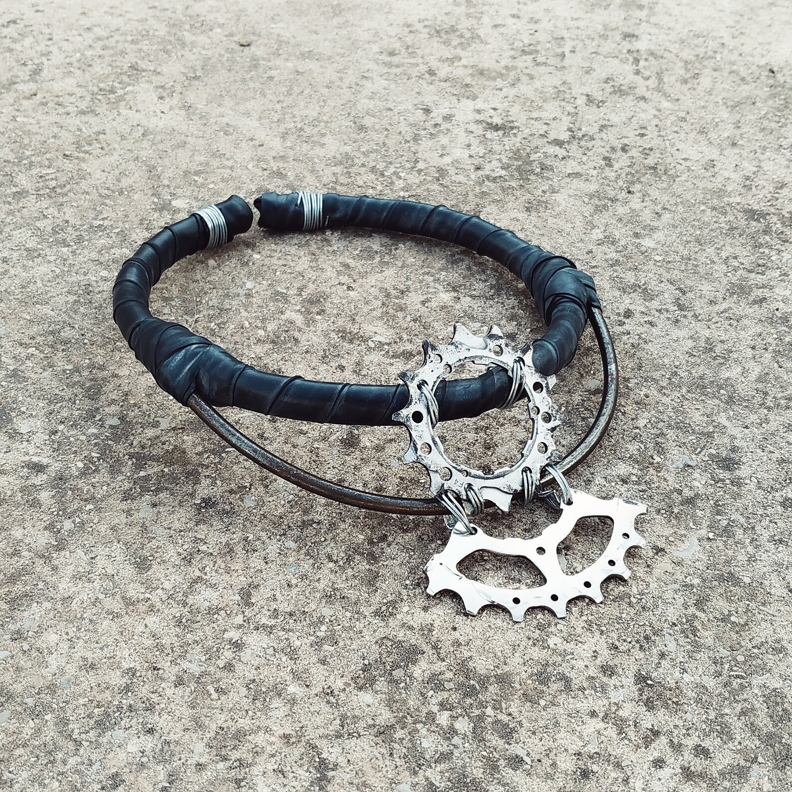 Two bike sprockets necklace tribal postapocalyptic upcycled Etsy