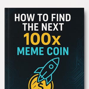 Könnte beinhalten: Eine blaue und gelbe Grafik einer Rakete, die in eine goldene Münze mit einem Dollarzeichen startet. Der Text "HOW TO FIND THE NEXT 100X MEME COIN" befindet sich oben im Bild. Der Text "POCKET ASSEMBLY" befindet sich unten im Bild.