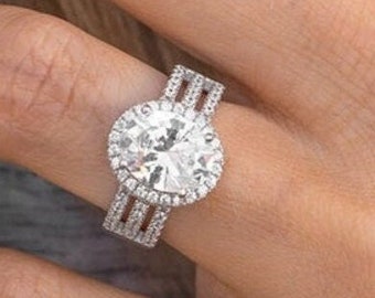 14K Gold Ring, 3 Ct White Moissanite Engagement Ring, Halo Moissanite Wedding Ring, Oval Gemstone with Diamond Bridal Ring, Anniversary Ring