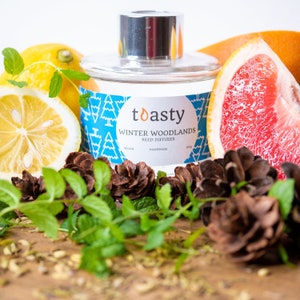 May include: A clear glass bottle with a silver cap and a blue and white label that says "toasty WINTER WOODLANDS REED DIFFUSER VEGAN HANDMADE 100ml". The bottle is surrounded by pine cones, green leaves, and citrus fruit.