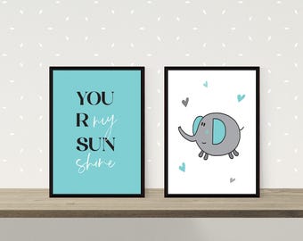 Elephant Nursery Prints Set: You Are My Sunshine, Baby Room Decor (Digital Downloads)