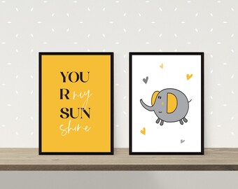 Elephant & Sunshine Nursery Prints: Baby Room Wall Art (Digital Downloads)