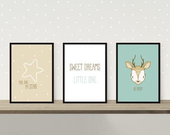 Nursery Wall Art Prints: Deer, Star, Sweet Dreams (Digital Downloads)