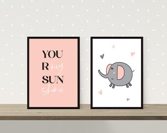 Pink Elephant Nursery Prints - You Are My Sunshine - Baby Room Decor (Digital Download)