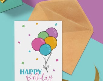 Balloon Birthday Card: Printable Greeting, 7x5 Inch (Digital Download)