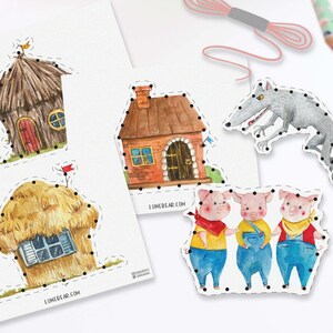 3 Little Pigs Lacing Card Download, Fairytale Preschool Fine Motor Skills Activity, DIY Threading Game Kindergarten, Homeschool Printable image 1