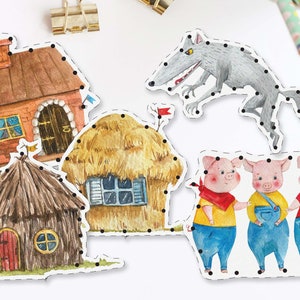 3 Little Pigs Lacing Card Download, Fairytale Preschool Fine Motor Skills Activity, DIY Threading Game Kindergarten, Homeschool Printable image 2