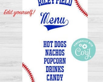Baseball Menu, Rookie of the year, digital file