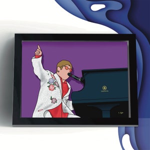 May include: A digital illustration of Elton John performing on stage. He is wearing a white jacket with floral embroidery, a red shirt, and sunglasses. He is playing a black Yamaha piano with a microphone in his hand. The background is purple.