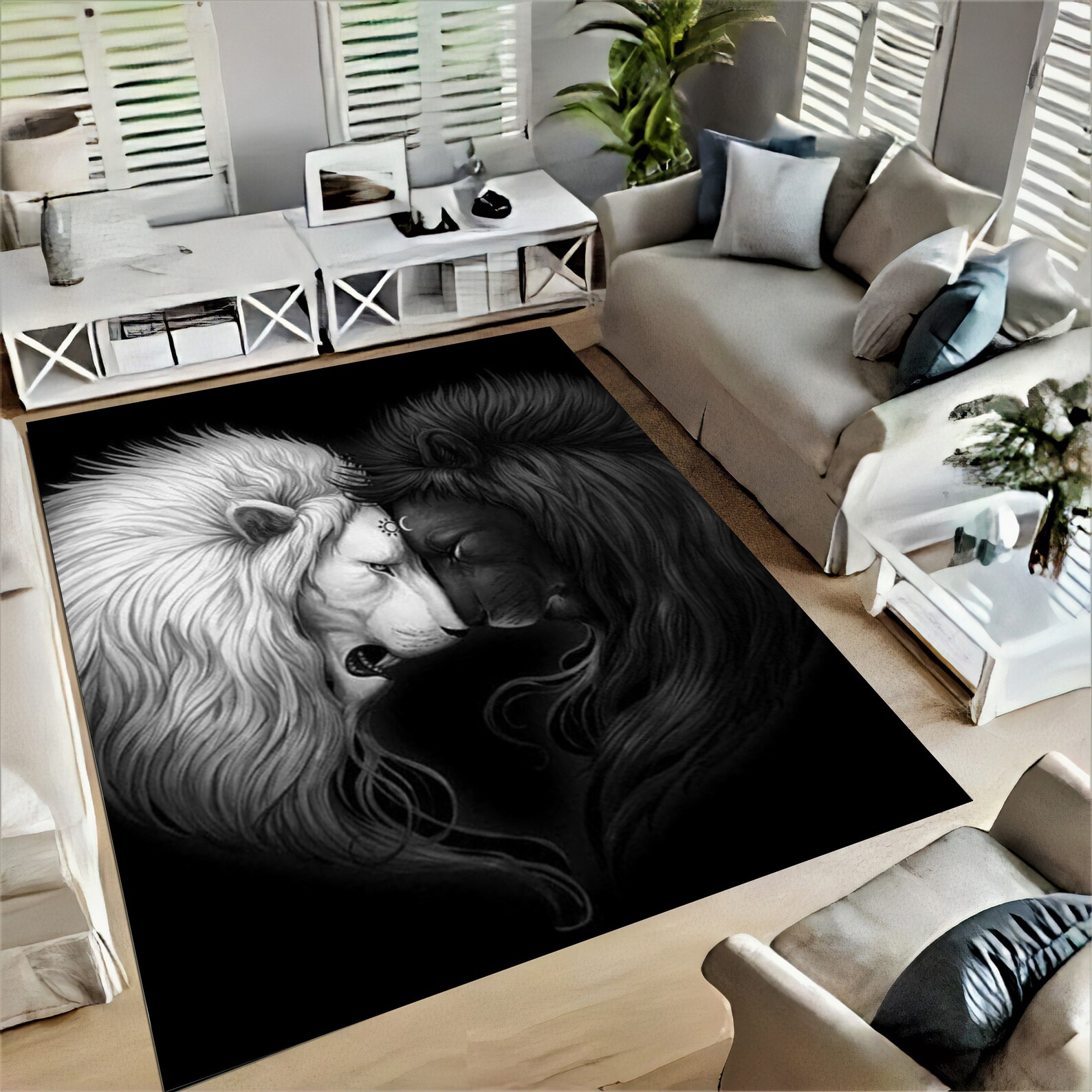 Modern Rug Custom Rug Black and White Lion Rug Dark Etsy